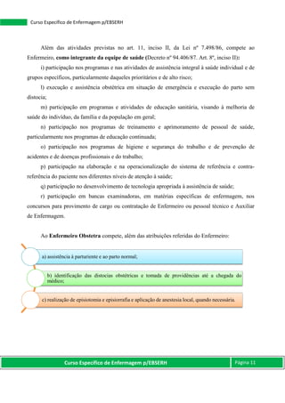 Curso Específico de Enfermagem p/EBSERH Página 11
Curso Específico de Enfermagem p/EBSERH
Além das atividades previstas no art. 11, inciso II, da Lei nº 7.498/86, compete ao
Enfermeiro, como integrante da equipe de saúde (Decreto nº 94.406/87. Art. 8º, inciso II):
i) participação nos programas e nas atividades de assistência integral à saúde individual e de
grupos específicos, particularmente daqueles prioritários e de alto risco;
l) execução e assistência obstétrica em situação de emergência e execução do parto sem
distocia;
m) participação em programas e atividades de educação sanitária, visando à melhoria de
saúde do indivíduo, da família e da população em geral;
n) participação nos programas de treinamento e aprimoramento de pessoal de saúde,
particularmente nos programas de educação continuada;
o) participação nos programas de higiene e segurança do trabalho e de prevenção de
acidentes e de doenças profissionais e do trabalho;
p) participação na elaboração e na operacionalização do sistema de referência e contra-
referência do paciente nos diferentes níveis de atenção à saúde;
q) participação no desenvolvimento de tecnologia apropriada à assistência de saúde;
r) participação em bancas examinadoras, em matérias específicas de enfermagem, nos
concursos para provimento de cargo ou contratação de Enfermeiro ou pessoal técnico e Auxiliar
de Enfermagem.
Ao Enfermeiro Obstetra compete, além das atribuições referidas do Enfermeiro:
a) assistência à parturiente e ao parto normal;
b) identificação das distocias obstétricas e tomada de providências até a chegada do
médico;
c) realização de episiotomia e episiorrafia e aplicação de anestesia local, quando necessária.
 