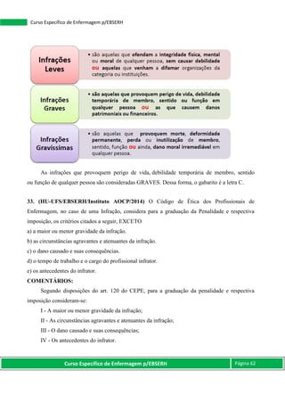Curso Específico de Enfermagem p/EBSERH Página 62
Curso Específico de Enfermagem p/EBSERH
As infrações que provoquem perigo de vida, debilidade temporária de membro, sentido
ou função de qualquer pessoa são consideradas GRAVES. Dessa forma, o gabarito é a letra C.
33. (HU-UFS/EBSERH/Instituto AOCP/2014) O Código de Ética dos Profissionais de
Enfermagem, no caso de uma Infração, considera para a graduação da Penalidade e respectiva
imposição, os critérios citados a seguir, EXCETO
a) a maior ou menor gravidade da infração.
b) as circunstâncias agravantes e atenuantes da infração.
c) o dano causado e suas consequências.
d) o tempo de trabalho e o cargo do profissional infrator.
e) os antecedentes do infrator.
COMENTÁRIOS:
Segundo disposições do art. 120 do CEPE, para a graduação da penalidade e respectiva
imposição consideram-se:
I - A maior ou menor gravidade da infração;
II - As circunstâncias agravantes e atenuantes da infração;
III - O dano causado e suas consequências;
IV - Os antecedentes do infrator.
 