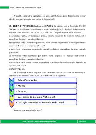 Curso Específico de Enfermagem p/EBSERH Página 63
Curso Específico de Enfermagem p/EBSERH
A letra D é a alternativa incorreta, pois o tempo de trabalho e o cargo do profissional infrator
não são fatores considerados para graduação da penalidade.
34. (HULW-UFPB/EBSERH/Instituto AOCP/2014) De acordo com a Resolução COFEN
311/2007, as penalidades a serem impostas pelos Conselhos Federal e Regional de Enfermagem,
conforme o que determina o art. 18, da Lei n° 5.905, de 12 de julho de 1973, são as seguintes:
a) advertência verbal, advertência por escrito, censura, suspensão do exercício profissional e
cassação do direito ao exercício profissional.
b) advertência verbal, advertência por escrito, multa, censura, suspensão do exercício profissional
e cassação do direito ao exercício profissional.
c) advertência verbal, multa, suspensão do exercício profissional e cassação do direito ao exercício
profissional.
d) advertência verbal, advertência por escrito, multa, suspensão do exercício profissional e
cassação do direito ao exercício profissional.
e) advertência verbal, multa, censura, suspensão do exercício profissional e cassação do direito ao
exercício profissional.
COMENTÁRIOS:
As penalidades a serem impostas pelos Conselhos Federal e Regional de Enfermagem,
conforme o que determina o art. 18, da Lei n° 5.905/73, são as seguintes:
Nesses termos, o gabarito é a letra C.
I
• Advertência verbal;
II
• Multa;
III
• Censura;
IV
• Suspensão do Exercício Profissional;
V
• Cassação do direito ao Exercício Profissional.
 