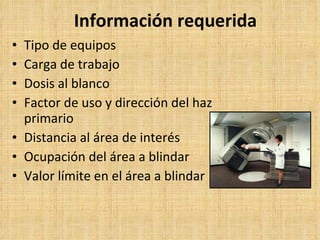 Información requerida Tipo de equipos Carga de trabajo Dosis al blanco Factor de uso y dirección del haz primario Distancia al área de interés Ocupación del área a blindar Valor límite en el área a blindar 