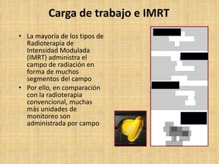 Carga de trabajo e IMRT La mayoría de los tipos de Radioterapia de Intensidad Modulada (IMRT) administra el campo de radiación en forma de muchos segmentos del campo Por ello, en comparación con la radioterapia convencional, muchas más unidades de monitoreo son administrada por campo MLC  patrón  1 MLC  patrón  3 MLC  patrón  2 Mapa de  intensidades 