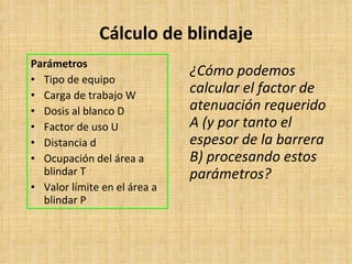 Cálculo de blindaje Parámetros Tipo de equipo Carga de trabajo W Dosis al blanco D Factor de uso U Distancia d Ocupación del área a blindar T Valor límite en el área a blindar P ¿Cómo podemos calcular el factor de atenuación requerido A (y por tanto el espesor de la barrera B) procesando estos parámetros? 