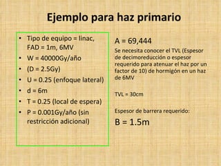 Ejemplo para haz primario A = 69,444 Se necesita conocer el TVL (Espesor de decimoreducción o espesor requerido para atenuar el haz por un factor de 10) de hormigón en un haz de 6MV TVL = 30cm Espesor de barrera requerido : B = 1.5m Tipo de equipo  = linac, FAD = 1m, 6MV W = 40000Gy/año (D = 2.5Gy) U = 0.25 (enfoque lateral ) d = 6m T = 0.25 (local de espera ) P = 0.001Gy/año (sin restricción adicional ) 