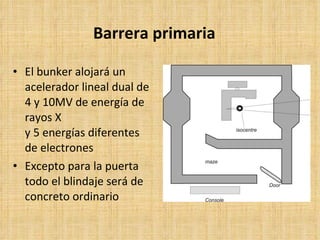Barrera primaria El bunker alojará un acelerador lineal dual de 4 y 10MV de energía de rayos X y 5 energías diferentes de electrones Excepto para la puerta todo el blindaje será de concreto ordinario 