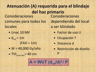 Atenuación (A) requerida para el blindaje del haz primario Consideraciones comunes para todos los locales Linac 10 MV d ref  = 1m   (FAD = 1m) W = 40,000 Gy/año TVL concreto = 40 cm Consideraciones dependiendo del local a ser blindado  Factor de uso U Ocupación T Distancia d Restricción de diseño P A = WUT (d ref /d) 2  / P 