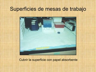 Superficies de mesas de trabajo Cubrir la superficie con papel absorbente 
