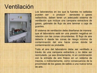 Ventilación Los laboratorios en los que la fuentes no selladas pueden ser  o producir  aerosoles o gases radiactivos, deben tener un adecuado sistema de ventilación que incluye una campana extractora de gases, gabinete de flujo de aire laminar o caja de guantes. El sistema de ventilación debe diseñarse de manera  que el laboratorio esté en una presión negativa en relación con las zonas circundantes.   El flujo de aire debería ir desde las zonas de riesgo mínimo de contaminación del aire hacia zonas donde tal contaminación es probable.  Todo el aire del laboratorio debe ser ventilado a través de una campana extractora y no debe ser recirculado, ya sea directamente, ni en combinación con la entrada de aire fresco en un sistema de mezcla, o indirectamente, como consecuencia de la proximidad de los gases de salida a una nueva toma de aire. 