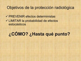 Objetivos de la protección radiológica PREVENIR efectos deterministas LIMITAR la probabilidad de efectos estocásticos ¿CÓMO? ¿Hasta qué punto? 