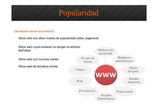 Optimización SEO – Redes Sociales yPopularidad
¿De dónde vienen los enlaces?
Sitios web con altos niveles de popularidad (altos pagerank)
Popularidad
Sitios web cuyos enlaces no tengan el atributo
NoFollow
Sitios web con muchas visitas
Sitios web de temática similar
 