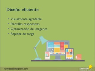 Diseño eficiente 
 Visualmente agradable 
 Plantillas responsivas 
 Optimización de imágenes 
 Rapidez de carga 
1000ideasdeNegocios.com 
 