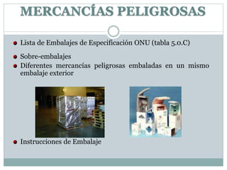 Lista de Embalajes de Especificación ONU (tabla 5.0.C)
Sobre-embalajes
Diferentes mercancías peligrosas embaladas en un mismo
embalaje exterior
Instrucciones de Embalaje
MERCANCÍAS PELIGROSAS
 