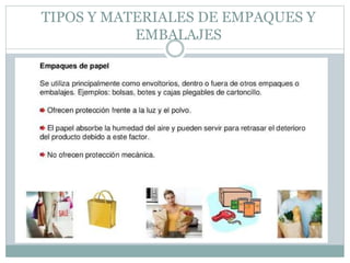 TIPOS Y MATERIALES DE EMPAQUES Y
EMBALAJES
 