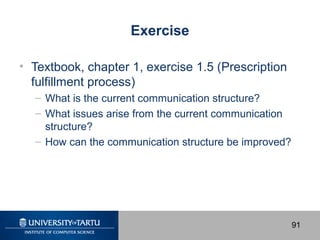 Exercise
• Textbook, chapter 1, exercise 1.5 (Prescription
fulfillment process)
– What is the current communication struct...