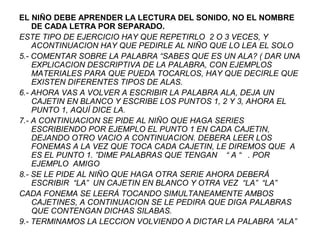 EL NIÑO DEBE APRENDER LA LECTURA DEL SONIDO, NO EL NOMBRE
DE CADA LETRA POR SEPARADO.
ESTE TIPO DE EJERCICIO HAY QUE REPETIRLO 2 O 3 VECES, Y
ACONTINUACION HAY QUE PEDIRLE AL NIÑO QUE LO LEA EL SOLO
5.- COMENTAR SOBRE LA PALABRA “SABES QUE ES UN ALA? ( DAR UNA
EXPLICACION DESCRIPTIVA DE LA PALABRA, CON EJEMPLOS
MATERIALES PARA QUE PUEDA TOCARLOS, HAY QUE DECIRLE QUE
EXISTEN DIFERENTES TIPOS DE ALAS.
6.- AHORA VAS A VOLVER A ESCRIBIR LA PALABRA ALA, DEJA UN
CAJETIN EN BLANCO Y ESCRIBE LOS PUNTOS 1, 2 Y 3, AHORA EL
PUNTO 1, AQUÍ DICE LA.
7.- A CONTINUACION SE PIDE AL NIÑO QUE HAGA SERIES
ESCRIBIENDO POR EJEMPLO EL PUNTO 1 EN CADA CAJETIN,
DEJANDO OTRO VACIO A CONTINUACION. DEBERA LEER LOS
FONEMAS A LA VEZ QUE TOCA CADA CAJETIN, LE DIREMOS QUE A
ES EL PUNTO 1. ”DIME PALABRAS QUE TENGAN “ A “ . POR
EJEMPLO AMIGO
8.- SE LE PIDE AL NIÑO QUE HAGA OTRA SERIE AHORA DEBERÁ
ESCRIBIR “LA” UN CAJETIN EN BLANCO Y OTRA VEZ “LA” “LA”
CADA FONEMA SE LEERÁ TOCANDO SIMULTANEAMENTE AMBOS
CAJETINES, A CONTINUACION SE LE PEDIRA QUE DIGA PALABRAS
QUE CONTENGAN DICHAS SILABAS.
9.- TERMINAMOS LA LECCION VOLVIENDO A DICTAR LA PALABRA “ALA”
 