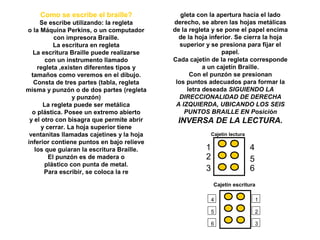 Como se escribe el braille?
Se escribe utilizando: la regleta
o la Máquina Perkins, o un computador
con impresora Braille.
La escritura en regleta
La escritura Braille puede realizarse
con un instrumento llamado
regleta ,existen diferentes tipos y
tamaños como veremos en el dibujo.
Consta de tres partes (tabla, regleta
misma y punzón o de dos partes (regleta
y punzón)
La regleta puede ser metálica
o plástica. Posee un extremo abierto
y el otro con bisagra que permite abrir
y cerrar. La hoja superior tiene
ventanitas llamadas cajetines y la hoja
inferior contiene puntos en bajo relieve
los que guiaran la escritura Braille.
El punzón es de madera o
plástico con punta de metal.
Para escribir, se coloca la re
gleta con la apertura hacia el lado
derecho, se abren las hojas metálicas
de la regleta y se pone el papel encima
de la hoja inferior. Se cierra la hoja
superior y se presiona para fijar el
papel.
Cada cajetín de la regleta corresponde
a un cajetín Braille.
Con el punzón se presionan
los puntos adecuados para formar la
letra deseada SIGUIENDO LA
DIRECCIONALIDAD DE DERECHA
A IZQUIERDA, UBICANDO LOS SEIS
PUNTOS BRAILLE EN Posición
INVERSA DE LA LECTURA.
4
5
6
1
2
3
1
2
3
4
5
6
Cajetín lectura
Cajetín escritura
 