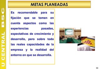METAS PLANEADAS
Es   recomendable      para   su
fijación   que   se   tomen   en
cuenta aspectos como las
experiencias           pasadas,
expectativas de crecimiento y
desarrollo, pero sobre todo
las reales capacidades de la
empresa y la realidad del
entorno en que se desarrolla.



                                   90
 