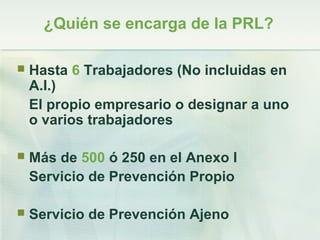 ¿Quién se encarga de la PRL?

   Hasta 6 Trabajadores (No incluidas en
    A.I.)
    El propio empresario o designar a uno
    o varios trabajadores

   Más de 500 ó 250 en el Anexo I
    Servicio de Prevención Propio

   Servicio de Prevención Ajeno
 