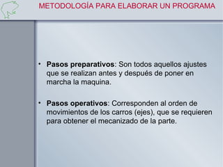 METODOLOGÍA PARA ELABORAR UN PROGRAMA




• Pasos preparativos: Son todos aquellos ajustes
  que se realizan antes y después de poner en
  marcha la maquina.

• Pasos operativos: Corresponden al orden de
  movimientos de los carros (ejes), que se requieren
  para obtener el mecanizado de la parte.
 