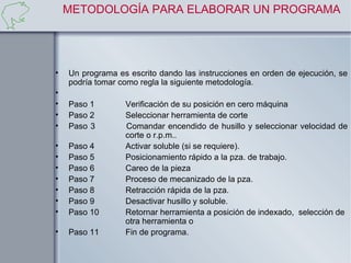 METODOLOGÍA PARA ELABORAR UN PROGRAMA




•   Un programa es escrito dando las instrucciones en orden de ejecución, se
    podría tomar como regla la siguiente metodología.
•
•   Paso 1        Verificación de su posición en cero máquina
•   Paso 2        Seleccionar herramienta de corte
•   Paso 3        Comandar encendido de husillo y seleccionar velocidad de
                  corte o r.p.m..
•   Paso 4        Activar soluble (si se requiere).
•   Paso 5        Posicionamiento rápido a la pza. de trabajo.
•   Paso 6        Careo de la pieza
•   Paso 7        Proceso de mecanizado de la pza.
•   Paso 8        Retracción rápida de la pza.
•   Paso 9        Desactivar husillo y soluble.
•   Paso 10       Retornar herramienta a posición de indexado, selección de
                  otra herramienta o
•   Paso 11       Fin de programa.
 