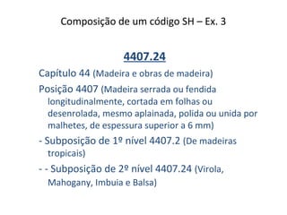 Composição de um código SH – Ex. 3
4407.24
Capítulo 44 (Madeira e obras de madeira)
Posição 4407 (Madeira serrada ou fendida
longitudinalmente, cortada em folhas ou
desenrolada, mesmo aplainada, polida ou unida por
malhetes, de espessura superior a 6 mm)
- Subposição de 1º nível 4407.2 (De madeiras
tropicais)
- - Subposição de 2º nível 4407.24 (Virola,
Mahogany, Imbuia e Balsa)
 