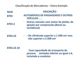 Classificação de Mercadorias – Outro Exemplo
NCM
8703
8703.3
8703.32
8703.32.10
DESCRIÇÃO
AUTOMÓVEIS DE PASSAGEIROS E OUTROS
VEÍCULOS . . .
- Outros veículos com motor de pistão, de
ignição por compressão (diesel ou
semidiesel)
- - De cilindrada superior a 1.500 cm3
mas
não superior a 2.500 cm3
Com capacidade de transporte de
pessoas sentadas inferior ou igual a 6,
incluindo o condutor
 