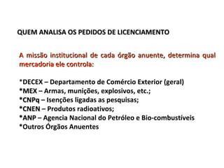 QUEM ANALISA OS PEDIDOS DE LICENCIAMENTOQUEM ANALISA OS PEDIDOS DE LICENCIAMENTO
A missão institucional de cada órgão anuente, determina qualA missão institucional de cada órgão anuente, determina qual
mercadoria ele controla:mercadoria ele controla:
*DECEX – Departamento de Comércio Exterior (geral)
*MEX*MEX – Armas, munições, explosivos, etc.;
*CNPq*CNPq – Isenções ligadas as pesquisas;
*CNEN*CNEN – Produtos radioativos;
*ANP*ANP – Agencia Nacional do Petróleo e Bio-combustíveis
*Outros Órgãos Anuentes
 