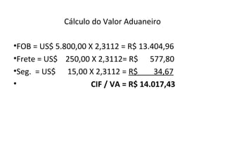 Cálculo do Valor Aduaneiro
•FOB = US$ 5.800,00 X 2,3112 = R$ 13.404,96
•Frete = US$ 250,00 X 2,3112= R$ 577,80
•Seg. = US$ 15,00 X 2,3112 = R$ 34,67
• CIF / VA = R$ 14.017,43
 