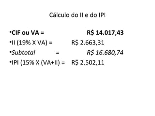 Cálculo do II e do IPI
•CIF ou VA = R$ 14.017,43
•II (19% X VA) = R$ 2.663,31
•Subtotal = R$ 16.680,74
•IPI (15% X (VA+II) = R$ 2.502,11
 