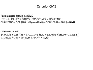 Cálculo ICMS
Formula para calculo do ICMS
(CIF + II + IPI + PIS + COFINS + TX SISCOMEX = RESULTADO
RESULTADO / 0,82 (100 – alíquota ICMS) = RESULTADO x 18% ) = ICMS
Calculo do ICMS:
14.017,43 + 2.663,31 + 2.502,11 + 331,42 + 1.526,56 + 185,00 = 21.225,83
21.225,83 / 0,82 = 28885,16x 18% = 4.659,33
 