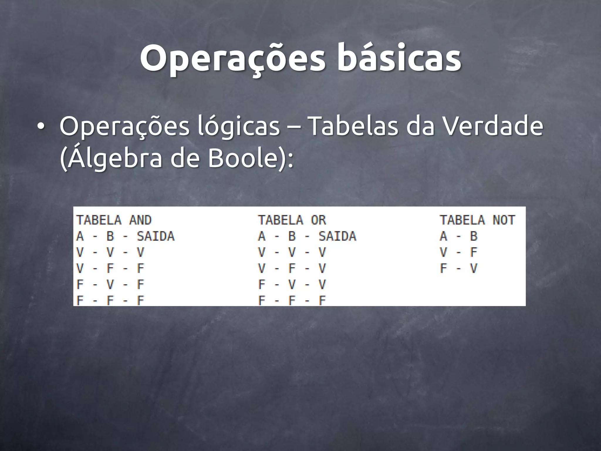 Operações básicas • Operações lógicas – Tabelas da Verdade (Álgebra de Boole): 