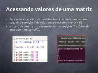 Acessando valores de uma matriz
•   Para acessar um valor de um vetor, basta imprimir uma variável
    seguida da posição ‘i’ do valor, entre colchetes – vetor = [i];
•   No caso de uma matriz, deve-se indicar as posições ‘i’ e ‘j’ do valor
    desejado – matriz = [i][j].
 