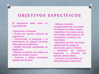 O B J E T I V O S E S P E C Í F I C O S
El estudiante debe estar en
capacidad de:
• Reconocer el teclado.
• Acatar las normas básicas de
ergonomía.
• Comprender el propósito y la
importancia de adquirir técnicas
adecuadas de digitación.
• Utilizar técnicas apropiadas de
digitación.
• Utilizar el teclado con todos los
dedos de ambas manos.
• Conocer y utilizar comandos
rápidos del teclado.
• Utilizar el teclado
competentemente con todos
los dedos de ambas manos.
• Identificar las cuatro zonas
del teclado (alfanumérica, de
navegación, numérica, de
funciones).
• Identificar las filas de teclas
alfanuméricas (superior,
dominante, guía e inferior).
• Identificar los sectores
izquierdo y derecho del
teclado alfanumérico.
• Conocer con qué dedo se
debe presionar cada tecla.
 