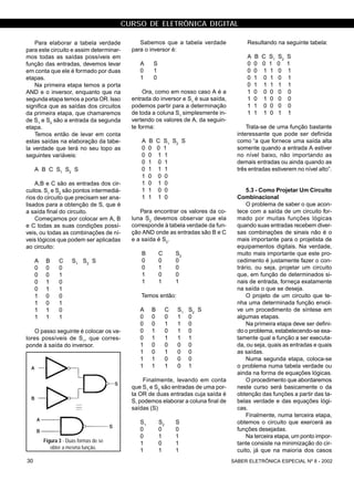 CURSO DE ELETRÔNICA DIGITAL
SABER ELETRÔNICA ESPECIAL Nº 8 - 200230
Sabemos que a tabela verdade
para o inversor é:
A S
0 1
1 0
Ora, como em nosso caso A é a
entrada do inversor e S1
é sua saída,
podemos partir para a determinação
de toda a coluna S1
simplesmente in-
vertendo os valores de A, da seguin-
te forma:
A B C S1
S2
S
0 0 0 1
0 0 1 1
0 1 0 1
0 1 1 1
1 0 0 0
1 0 1 0
1 1 0 0
1 1 1 0
Para encontrar os valores da co-
luna S2
devemos observar que ela
corresponde à tabela verdade da fun-
ção AND onde as entradas são B e C
e a saída é S2
.
B C S2
0 0 0
0 1 0
1 0 0
1 1 1
Temos então:
A B C S1
S2
S
0 0 0 1 0
0 0 1 1 0
0 1 0 1 0
0 1 1 1 1
1 0 0 0 0
1 0 1 0 0
1 1 0 0 0
1 1 1 0 1
Finalmente, levando em conta
que S1
e S2
são entradas de uma por-
ta OR de duas entradas cuja saída é
S, podemos elaborar a coluna final de
saídas (S)
S1
S2
S
0 0 0
0 1 1
1 0 1
1 1 1
Resultando na seguinte tabela:
A B C S1
S2
S
0 0 0 1 0 1
0 0 1 1 0 1
0 1 0 1 0 1
0 1 1 1 1 1
1 0 0 0 0 0
1 0 1 0 0 0
1 1 0 0 0 0
1 1 1 0 1 1
Trata-se de uma função bastante
interessante que pode ser definida
como “a que fornece uma saída alta
somente quando a entrada A estiver
no nível baixo, não importando as
demais entradas ou ainda quando as
três entradas estiverem no nível alto”.
5.3 - Como Projetar Um Circuito
Combinacional
O problema de saber o que acon-
tece com a saída de um circuito for-
mado por muitas funções lógicas
quando suas entradas recebem diver-
sas combinações de sinais não é o
mais importante para o projetista de
equipamentos digitais. Na verdade,
muito mais importante que este pro-
cedimento é justamente fazer o con-
trário, ou seja, projetar um circuito
que, em função de determinados si-
nais de entrada, forneça exatamente
na saída o que se deseja.
O projeto de um circuito que te-
nha uma determinada função envol-
ve um procedimento de síntese em
algumas etapas.
Na primeira etapa deve ser defini-
do o problema, estabelecendo-se exa-
tamente qual a função a ser executa-
da, ou seja, quais as entradas e quais
as saídas.
Numa segunda etapa, coloca-se
o problema numa tabela verdade ou
ainda na forma de equações lógicas.
O procedimento que abordaremos
neste curso será basicamente o da
obtenção das funções a partir das ta-
belas verdade e das equações lógi-
cas.
Finalmente, numa terceira etapa,
obtemos o circuito que exercerá as
funções desejadas.
Na terceira etapa, um ponto impor-
tante consiste na minimização do cir-
cuito, já que na maioria dos casos
Para elaborar a tabela verdade
para este circuito e assim determinar-
mos todas as saídas possíveis em
função das entradas, devemos levar
em conta que ele é formado por duas
etapas.
Na primeira etapa temos a porta
AND e o inversor, enquanto que na
segunda etapa temos a porta OR.Isso
significa que as saídas dos circuitos
da primeira etapa, que chamaremos
de S1
e S2
são a entrada da segunda
etapa.
Temos então de levar em conta
estas saídas na elaboração da tabe-
la verdade que terá no seu topo as
seguintes variáveis:
A B C S1
S2
S
A,B e C são as entradas dos cir-
cuitos. S1
e S2
são pontos intermediá-
rios do circuito que precisam ser ana-
lisados para a obtenção de S, que é
a saída final do circuito.
Começamos por colocar em A, B
e C todas as suas condições possí-
veis, ou todas as combinações de ní-
veis lógicos que podem ser aplicadas
ao circuito:
A B C S1
S2
S
0 0 0
0 0 1
0 1 0
0 1 1
1 0 0
1 0 1
1 1 0
1 1 1
O passo seguinte é colocar os va-
lores possíveis de S1
, que corres-
ponde à saída do inversor.
Figura 3 - Duas formas de se
obter a mesma função.
 