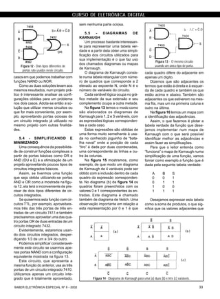 CURSO DE ELETRÔNICA DIGITAL
33SABER ELETRÔNICA ESPECIAL Nº 8 - 2002
casos em que podemos trabalhar com
funções NAND ou NOR.
Como as duas soluções levam aos
mesmos resultados, num projeto prá-
tico é interessante analisar as confi-
gurações obtidas para um problema
nos dois casos. Adota-se então a so-
lução que utilizar menos circuitos ou
que for mais conveniente, por exem-
plo, aproveitando portas ociosas de
um circuito integrado já utilizado no
mesmo projeto com outras finalida-
des.
5.4 - SIMPLIFICANDO E
MINIMIZANDO
Uma consequência da possibilida-
de de construir funções complexas a
partir de portas básicas como OR e
AND (OU e E) é a otimização de um
projeto aproveitando poucos tipos de
circuitos integrados básicos.
Assim, se tivermos uma função
que seja obtida utilizando-se portas
AND e OR como a mostrada na figu-
ra 12, ela terá o inconveniente de pre-
cisar de dois tipos diferentes de cir-
cuitos integrados.
Se quisermos esta função com cir-
cuitos TTL, por exemplo, aproveitare-
mos três das três portas de três en-
tradas de um circuito 7411 e também
precisaremos aproveitar uma das qua-
tro portas OR de duas entradas de um
circuito integrado 7432.
Evidentemente, estaremos usan-
do dois circuitos integrados, desper-
diçando 1/3 de um e 3/4 do outro.
Podemos simplificar consideravel-
mente este circuito se usarmos ape-
nas portas NAND com a configuração
equivalente mostrada na figura 13.
Este circuito, que apresenta a
mesma função do anterior, usa as três
portas de um circuito integrado 7410.
Utilizamos apenas um circuito inte-
grado que é totalmente aproveitado,
sem nenhuma parte ociosa.
5.5 - DIAGRAMAS DE
KARNAUGH
Um processo bastante interessan-
te para representar uma tabela ver-
dade e a partir dela obter uma simpli-
ficação dos circuitos utilizados para
sua implementação é o que faz uso
dos chamados diagramas ou mapas
de Karnaugh.
O diagrama de Karnaugh consis-
te numa tabela retangular com núme-
ro de quadros que corresponde a 2
elevado ao expoente N, onde N é o
número de variáveis do circuito.
Cada variável lógica ocupa no grá-
fico metade da sua extensão e seu
complemento ocupa a outra metade.
Na figura 13 temos o modo como
são elaborados os diagramas de
Karnaugh para 1, 2 e 3 variáveis, com
as expressões lógicas corresponden-
tes a cada caso.
Estas expressões são obtidas de
uma forma muito semelhante à usa-
da no conhecido joguinho de “bata-
lha naval” onde a posição de cada
“tiro” é dada por duas coordenadas,
uma correspondente às linhas e ou-
tra às colunas.
Na figura 15 mostramos, como
exemplo, de que modo um diagrama
de Karnaugh de 4 variáveis pode ser
obtido com a inclusão dentro de cada
quadro da expressão corresponden-
te. No diagrama (b) da figura 14 os
quadros foram preenchidos com os
valores 0 e 1 correspondentes às en-
tradas. Este diagrama é chamado
também de diagrama de Veitch. Uma
observação importante em relação a
esta representação por 0 e 1 é que
cada quadro difere do adjacente em
apenas um dígito.
Dizemos que são adjacentes os
termos que estão à direita e à esquer-
da de cada quadro e também os que
estão acima e abaixo. Também são
adjacentes os que estiverem na mes-
ma fila, mas um na primeira coluna e
outro na última.
Na figura 16 temos um mapa com
a identificação das adjacências.
Assim, o que fazemos é plotar a
tabela verdade da função que dese-
jamos implementar num mapa de
Karnaugh com o que será possível
identificar melhor as adjacências e
assim fazer as simplificações.
Para que o leitor entenda como
“funciona” o mapa de Karnaugh numa
simplificação de uma função, vamos
tomar como exemplo a função que é
dada pela seguinte tabela verdade:
A B S
0 0 1
0 1 1
1 0 0
1 1 1
Desejamos expressar esta tabela
como a soma de produtos, o que sig-
nifica que os valores adjacentes que
Figura 12 - Dois tipos diferentes de
portas são usados neste circuito.
Figura 13 - O mesmo circuito
usando um único tipo de porta.
Figura 14 - Diagrama de Karnaugh para uma (a) duas (b) e três (c) variáveis.
 