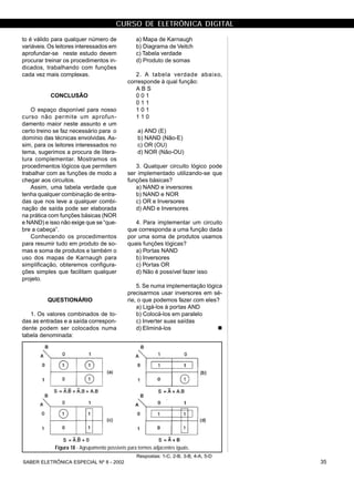 CURSO DE ELETRÔNICA DIGITAL
35SABER ELETRÔNICA ESPECIAL Nº 8 - 2002
to é válido para qualquer número de
variáveis.Os leitores interessados em
aprofundar-se neste estudo devem
procurar treinar os procedimentos in-
dicados, trabalhando com funções
cada vez mais complexas.
CONCLUSÃO
O espaço disponível para nosso
curso não permite um aprofun-
damento maior neste assunto e um
certo treino se faz necessário para o
domínio das técnicas envolvidas. As-
sim, para os leitores interessados no
tema, sugerimos a procura de litera-
tura complementar. Mostramos os
procedimentos lógicos que permitem
trabalhar com as funções de modo a
chegar aos circuitos.
Assim, uma tabela verdade que
tenha qualquer combinação de entra-
das que nos leve a qualquer combi-
nação de saída pode ser elaborada
na prática com funções básicas (NOR
e NAND) e isso não exige que se“que-
bre a cabeça”.
Conhecendo os procedimentos
para resumir tudo em produto de so-
mas e soma de produtos e também o
uso dos mapas de Karnaugh para
simplificação, obteremos configura-
ções simples que facilitam qualquer
projeto.
QUESTIONÁRIO
1. Os valores combinados de to-
das as entradas e a saída correspon-
dente podem ser colocados numa
tabela denominada:
a) Mapa de Karnaugh
b) Diagrama de Veitch
c) Tabela verdade
d) Produto de somas
2. A tabela verdade abaixo,
corresponde à qual função:
A B S
0 0 1
0 1 1
1 0 1
1 1 0
a) AND (E)
b) NAND (Não-E)
c) OR (OU)
d) NOR (Não-OU)
3. Qualquer circuito lógico pode
ser implementado utilizando-se que
funções básicas?
a) NAND e inversores
b) NAND e NOR
c) OR e Inversores
d) AND e Inversores
4. Para implementar um circuito
que corresponda a uma função dada
por uma soma de produtos usamos
quais funções lógicas?
a) Portas NAND
b) Inversores
c) Portas OR
d) Não é possível fazer isso
5. Se numa implementação lógica
precisarmos usar inversores em sé-
rie, o que podemos fazer com eles?
a) Ligá-los à portas AND
b) Colocá-los em paralelo
c) Inverter suas saídas
d) Eliminá-los
Figura 18 - Agrupamento possíveis para termos adjacentes iguais.
Respostas: 1-C, 2-B, 3-B, 4-A, 5-D
 