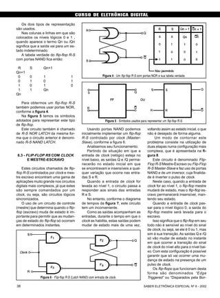 CURSO DE ELETRÔNICA DIGITAL
SABER ELETRÔNICA ESPECIAL Nº 8 - 200238
Os dois tipos de representação
são usados.
Nas colunas e linhas em que são
colocados os níveis lógicos 0 e 1 ,
quando aparece o termo Qn ou /Qn
significa que a saída vai para um es-
tado indeterminado.
A tabela verdade do flip-flop R-S
com portas NAND fica então:
R S Qn+1
Qn+1
0 0 1 1
0 1 0 1
1 0 1 0
1 1 Qn
Qn
Para obtermos um flip-flop R-S
também podemos usar portas NOR,
conforme a figura 4.
Na figura 5 temos os símbolos
adotados para representar este tipo
de flip-flop.
Este circuito também é chamado
de R-S NOR LATCH da mesma for-
ma que o circuito anterior é denomi-
nado R-S NAND LATCH.
6.3 - FLIP-FLOP RS COM CLOCK
E MESTRE-ESCRAVO
Estes circuitos chamados de flip-
flop R-S controlados por clock e mes-
tre escravo encontram uma gama de
aplicações muito grande nos circuitos
digitais mais complexos, já que estes
são sempre comandados por um
clock, ou seja, são circuitos lógicos
sincronizados.
O uso de um circuito de controle
(mestre) que determina quando o flip-
flop (escravo) muda de estado é im-
portante para permitir que as mudan-
ças de estado do flip-flop só ocorram
em determinados instantes.
Usando portas NAND podemos
inicialmente implementar um flip-flop
R-S controlado por clock (Master-
Slave), conforme a figura 6.
Analisemos seu funcionamento:
Partindo da situação em que a
entrada de clock (relógio) esteja no
nível baixo, as saídas Q e /Q perma-
necerão no estado inicial em que
se encontravam e insensíveis a qual-
quer variação que ocorra nas entra-
das S e R.
Quando a entrada de clock for
levada ao nível 1, o circuito passa a
responder aos sinais das entradas
R e S.
No entanto, conforme o diagrama
de tempos da figura 7, este circuito
tem um inconveniente.
Como as saídas acompanham as
entradas, durante o tempo em que o
clock as habilita, estas saídas podem
mudar de estado mais de uma vez,
voltando assim ao estado inicial, o que
não é desejado de forma alguma.
Um modo de contornar este
proble|ma consiste na utilização de
duas etapas numa configuração mais
complexa, que é apresentada na fi-
gura 8.
Este circuito é denominado Flip-
Flop R-S Mestre-Escravo ou Flip-Flop
R-S Master-Slave e faz uso de portas
NAND e de um inversor, cuja finalida-
de é inverter o pulso de clock.
Neste caso, quando a entrada de
clock for ao nível 1, o flip-flop mestre
mudará de estado, mas o flip-flop es-
cravo permanecerá insensível, man-
tendo seu estado.
Quando a entrada de clock pas-
sar para o nível lógico 0, a saída do
flip-flop mestre será levada para o
escravo.
Isso significa que o flip-flop em seu
todo não é sensível ao nível do sinal
de clock, ou seja, se ele é 0 ou 1, mas
sim à sua transição. As saídas Q e /Q
só vão mudar de estado no instante
em que ocorrer a transição do sinal
de clock do nível alto para o nível bai-
xo. Com esta configuração é possível
garantir que só vai ocorrer uma mu-
dança de estado na presença de um
pulso de clock.
Os flip-flops que funcionam desta
forma são denominados “Edge
Triggered” ou “Disparados pela Bor-
Figura 4 - Um flip-flop R-S com portas NOR e sua tabela verdade.
Figura 5 - Símbolos usados para representar um flip-flop R-S.
Figura 6 - Flip-flop R-S (Latch NAND) com entrada de clock.
 