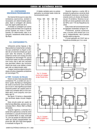 CURSO DE ELETRÔNICA DIGITAL
65SABER ELETRÔNICA ESPECIAL Nº 8 - 2002
CURSO BÁSICO DE ELETRÔNICA DIGITAL
9.5 - CONTADORES
SÍNCRONOS PROGRAMÁVEIS
Da mesma forma que no caso dos
contadores assíncronos, também é
necessário, em determinadas aplica-
ções, fazer a contagem até valores
que não sejam potências de 2.
A divisão ou contagem por outros
valores pode ser feita com a ajuda de
portas ligadas de modo a “sentir”
quando um determinado valor é al-
cançado, ressetando então todos os
flip-flops.
9.6 - CONTADORES TTL
Utilizando portas lógicas e flip-
flops podemos implementar contado-
res que contenham ou façam a divi-
são de um sinal de entrada por qual-
quer valor. No entanto, na prática,
podemos contar com muitos circuitos
integrados em tecnologia TTL que já
contenham estes circuitos completos
num único chip e até com recursos
que permitam alterar seu funciona-
mento de modo a ser obtida a conta-
gem até um determinado valor.
A seguir veremos alguns dos prin-
cipais circuitos integrados contadores
em tecnologia TTL.
a) 7490 - Contador de Década
Este é um dos mais populares dos
contadores TTL e contém em seu in-
terior quatro flip-flops já interligados
de modo a funcionar como divisores
por 2 e por 5. Isso significa que esses
divisores podem ser usados para re-
sultar num contador até 2 e num con-
tador até 5, e em conjunto, num con-
tador até 10.
Na figura 14 temos a disposição
dos terminais deste circuito integra-
do.
Este circuito pode ser usado de
três formas diferentes, sempre com as
entradas R0(1), R0(2), R9(1) e R9(2)
aterradas:
Quando ligamos a entrada B à
saída QA e aplicamos o sinal de clock
à entrada A, o circuito funciona como
um contador BCD, ou seja, conta até
10, com as saídas em decimal codifi-
cado em binário apresentadas nos
pinos QA, QB, QC e QD. Esta ligação
é mostrada na figura 15.
Fig. 12 - Contador
síncrono de 4 estágios
do tipo Parallel Carry.
Fig. 13 - Contador
RIPPLE CARRY de 4
estágios.
A tabela verdade para os pulsos
aplicados na entrada neste modo de
funcionamento será:
Pulso QD QC QB QA
0 0 0 0 0
1 0 0 0 1
2 0 0 1 0
3 0 0 1 1
4 0 1 0 0
5 0 1 0 1
6 0 1 1 0
7 0 1 1 1
8 1 0 0 0
9 1 0 0 1
Quando ligamos a saída QD à
entrada A e aplicamos o sinal de clock
à entrada B, teremos o circuito funci-
onando como um divisor de frequên-
cia por 10 simétrico. Teremos na saí-
da QA um sinal quadrado (ciclo ativo
de 50%) com 1/10 da frequência do
clock.
Este modo de funcionamento tem
as ligações mostradas na figura 16.
Finalmente, quando quisermos
usar o circuito como divisor por 2 ou
por 5, independentes, não é preciso
ligação externa alguma.
O sinal aplicado em CLK1 tem a
frequência dividida por 2 e o sinal
SABER ELETRÔNICA Nº 305/98 51
 
