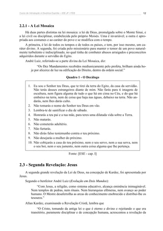 Curso de Introdução à Doutrina Espírita – IDE-JF / FEB 
12 
2.2.1 - A Lei Mosaica 
Há duas partes distintas na lei mosaica: a lei de Deus, promulgada sobre o Monte Sinai, e 
a lei civil ou disciplinar, estabelecida pelo próprio Moisés. Uma é invariável; a outra é apro-priada 
aos costumes e ao caráter do povo e se modifica com o tempo. 
A primeira, é lei de todos os tempos e de todos os países, e tem, por isso mesmo, um ca-ráter 
divino. A segunda, foi criada pelo missionário para manter o temor de um povo natural-mente 
turbulento e indisciplinado, no qual tinha de combater abusos arraigados e preconceitos 
adquiridos durante a servidão do Egito. 
André Luiz, referindo-se a parte divina da Lei Mosaica, diz: 
“Os Dez Mandamentos recebidos mediunicamente pelo profeta, brilham ainda ho-je 
por alicerce de luz na edificação do Direito, dentro da ordem social.” 
Quadro 1 - O Decálogo 
1. Eu sou o Senhor teu Deus, que te tirei da terra do Egito, da casa da servidão. 
Não terás deuses estrangeiros diante de mim. Não farás para ti imagens de 
escultura, nem figura alguma de tudo o que há em cima no Céu, e do que há 
embaixo na terra, nem de coisa que haja nas águas, debaixo na terra. Não an-darás, 
nem lhes darás culto. 
2. Não tomarás o nome do Senhor teu Deus em vão. 
3. Lembra-te de santificar o dia de sábado. 
4. Honrarás a teu pai e a tua mãe, para teres uma dilatada vida sobre a Terra. 
5. Não matarás. 
6. Não cometerás adultério. 
7. Não furtarás. 
8. Não dirás falso testemunho contra o teu próximo. 
9. Não desejarás a mulher do próximo. 
10. Não cobiçarás a casa do teu próximo, nem o seu servo, nem a sua serva, nem 
o seu boi, nem o seu jumento, nem outra coisa alguma que lhe pertença. 
Fonte: [ESE - cap. I] 
2.3 - Segunda Revelação: Jesus 
A segunda grande revelação da Lei de Deus, na concepção de Kardec, foi apresentada por 
Jesus. 
Segundo o benfeitor André Luiz (Evolução em Dois Mundos): 
“Com Jesus, a religião, como sistema educativo, alcança eminência inimaginável. 
Nem templos de pedras, nem rituais. Nem hierarquias efêmeras, nem avanço ao poder 
humano. O Mestre desaferrolha as arcas do conhecimento enobrecido e distribui-lhe os 
tesouros.” 
Allan Kardec, examinando a Revelação Cristã, lembra que 
“O Cristo, tomando da antiga lei o que é eterno e divino e rejeitando o que era 
transitório, puramente disciplinar e de concepção humana, acrescentou a revelação da 
 