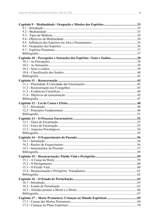 Curso de Introdução à Doutrina Espírita – IDE-JF / FEB 
3 
Capítulo 9 – Mediunidade / Ocupação e Missões dos Espíritos.........................................33 
9.1 - Introdução..................................................................................................................33 
9.2 - Mediunidade ..............................................................................................................33 
9.3 - Tipos de Médiuns ......................................................................................................34 
9.4 - Objetivos da Mediunidade .........................................................................................34 
9.5 - Influência dos Espíritos em Atos e Pensamentos .......................................................35 
9.6 - Ocupações dos Espíritos ............................................................................................36 
9.7 - Espíritos Protetores....................................................................................................37 
Bibliografia ........................................................................................................................37 
Capítulo 10 – Percepções e Sensações dos Espíritos / Sono e Sonhos................................38 
10.1 - As Percepções..........................................................................................................38 
10.2 - As Sensações ...........................................................................................................39 
10.3 - Sono e sonhos ..........................................................................................................39 
10.4 - Classificação dos Sonhos .........................................................................................40 
Bibliografia ........................................................................................................................42 
Capítulo 11 – Reencarnação ................................................................................................43 
11.1 - Pluralidade X Unicidade das Encarnações ...............................................................43 
11.2 - Reencarnação nos Evangelhos .................................................................................43 
11.3 - Evidências Científicas..............................................................................................44 
11.4 - Objetivos da reencarnação .......................................................................................45 
Bibliografia ........................................................................................................................47 
Capítulo 12 – Lei de Causa e Efeito.....................................................................................48 
12.1 - Introdução................................................................................................................48 
12.2 - Princípios Fundamentais ..........................................................................................48 
Bibliografia ........................................................................................................................51 
Capítulo 13 – O Processo Encarnatório ..............................................................................52 
13.1 - Tipos de Encarnação................................................................................................52 
13.2 - Fases da Encarnação ................................................................................................53 
13.3 - Aspectos Psicológicos..............................................................................................54 
Bibliografia ........................................................................................................................55 
Capítulo 14 – O Esquecimento do Passado.........................................................................56 
14.1 - Introdução................................................................................................................56 
14.2 - Razões do Esquecimento .........................................................................................56 
14.3 - Instrumentos do Presente .........................................................................................57 
Bibliografia ........................................................................................................................58 
Capítulo 15 – Desencarnação: Fluido Vital e Perispírito...................................................59 
15.1 - A Causa da Morte ....................................................................................................59 
15.2 - O Desligamento .......................................................................................................60 
15.3 - O Fluido Vital ..........................................................................................................60 
15.4 - Desencarnação e Perispírito: Transplantes...............................................................61 
Bibliografia ........................................................................................................................62 
Capítulo 16 – O Estado de Perturbação..............................................................................63 
16.1 - Introdução................................................................................................................63 
16.2 - Estado de Perturbação..............................................................................................63 
16.3 - Atitudes perante a Morte e o Morto .........................................................................66 
Bibliografia ........................................................................................................................67 
Capítulo 17 – Morte Prematura: Crianças no Mundo Espiritual .....................................69 
17.1 - Causas das Mortes Prematuras.................................................................................69 
17.2 - Crianças no Plano Espiritual ....................................................................................70 
 
