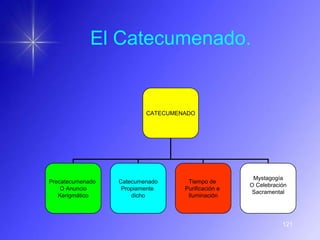 El Catecumenado.


                          CATECUMENADO




                                                     Mystagogía
Precatecumenado   Catecumenado      Tiempo de
                                                    O Celebración
    O Anuncio      Propiamente     Purificación e
                                                    Sacramental
   Kerigmático        dicho         Iluminación




                                                               121
 