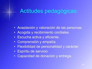 Actitudes pedagógicas:

•   Aceptación y valoración de las personas.
•   Acogida y recibimiento cordiales.
•   Escucha activa y eficiente.
•   Comprensión y empatía.
•   Flexibilidad de personalidad y carácter
•   Espíritu de servicio
•   Capacidad de donación y entrega.

                                           96
 