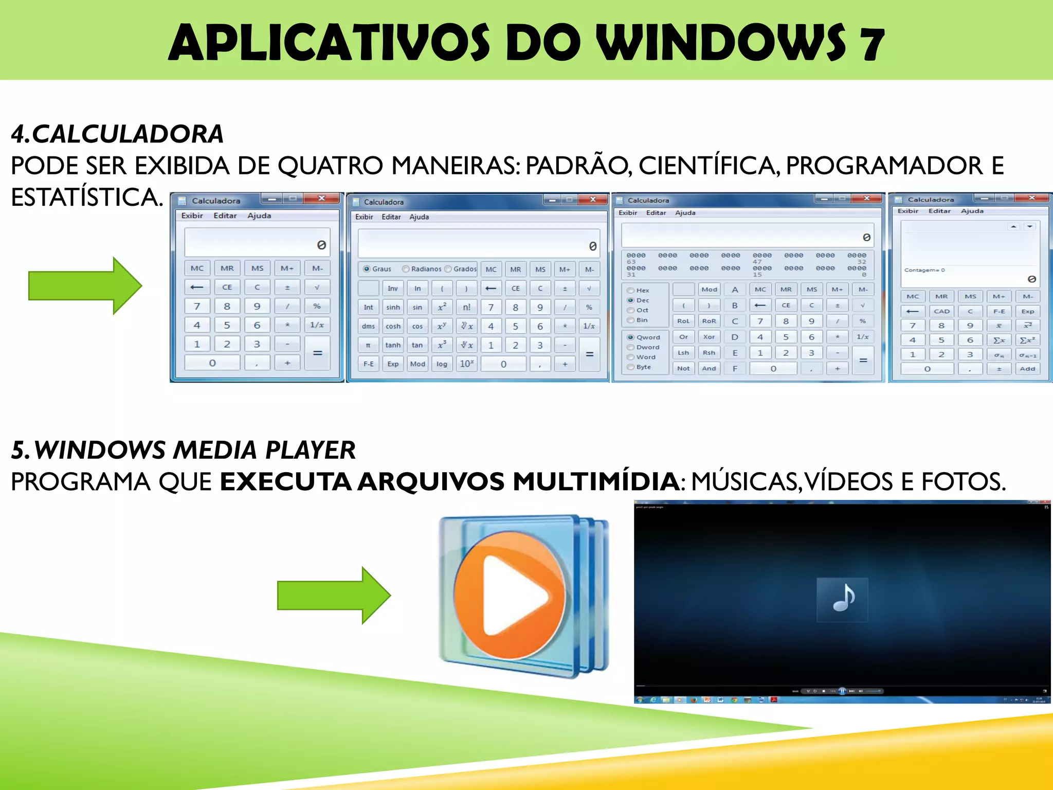 APLICATIVOS DO WINDOWS 7
4.CALCULADORA
PODE SER EXIBIDA DE QUATRO MANEIRAS: PADRÃO, CIENTÍFICA, PROGRAMADOR E
ESTATÍSTICA.
5.WINDOWS MEDIA PLAYER
PROGRAMA QUE EXECUTA ARQUIVOS MULTIMÍDIA: MÚSICAS,VÍDEOS E FOTOS.
 