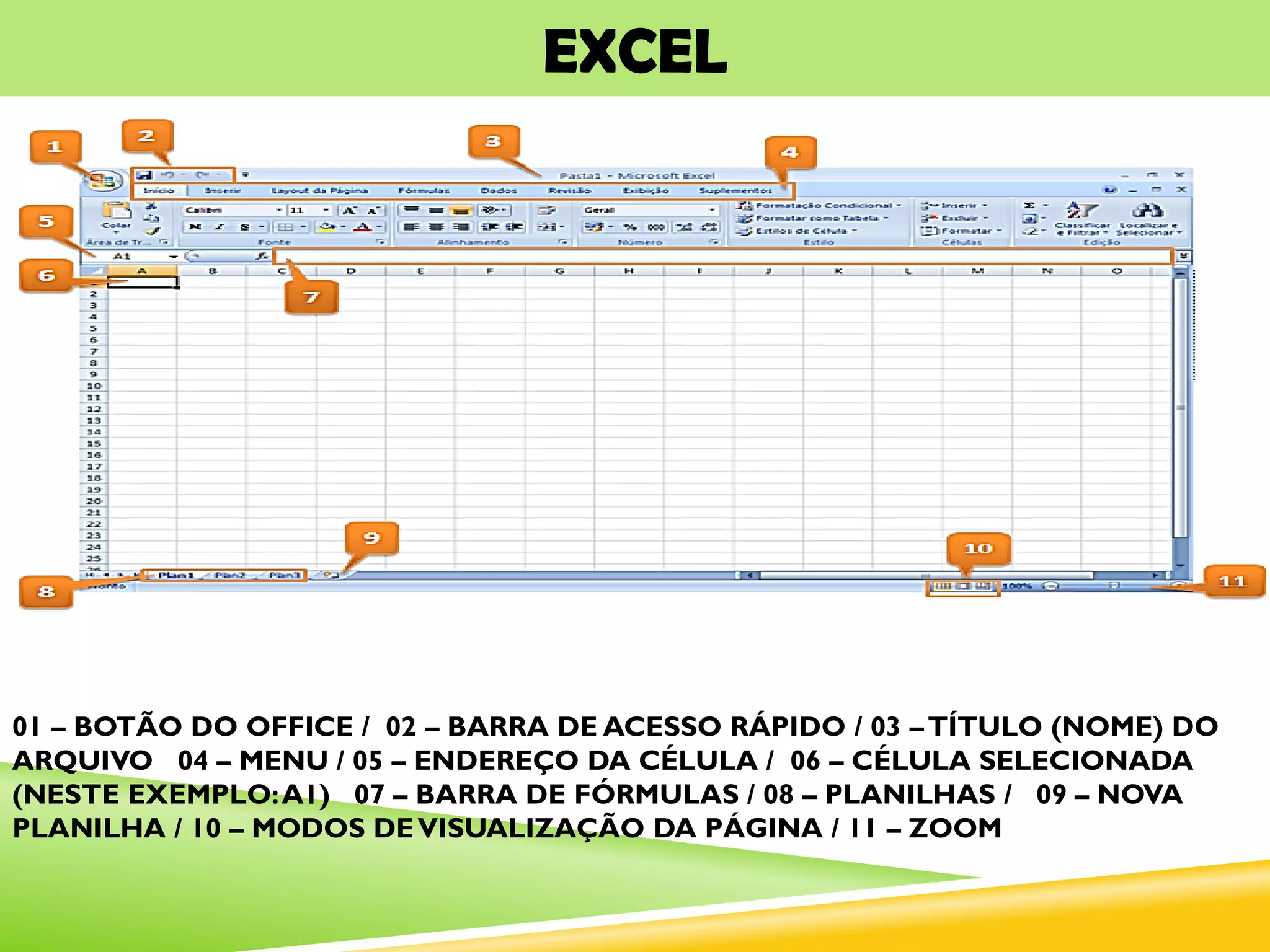 EXCEL
01 – BOTÃO DO OFFICE / 02 – BARRA DE ACESSO RÁPIDO / 03 –TÍTULO (NOME) DO
ARQUIVO 04 – MENU / 05 – ENDEREÇO DA CÉLULA / 06 – CÉLULA SELECIONADA
(NESTE EXEMPLO:A1) 07 – BARRA DE FÓRMULAS / 08 – PLANILHAS / 09 – NOVA
PLANILHA / 10 – MODOS DEVISUALIZAÇÃO DA PÁGINA / 11 – ZOOM
 