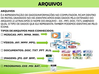 ARQUIVOS
ARQUIVOS
É A REPRESENTAÇÃO DE DADOS/INFORMAÇÕES NO COMPUTADOR. FICAM DENTRO
DE PASTAS, GRAVADOS NO HD. IDENTIFICAMOS ESSES DADOS PELA EXTENSÃO DO
ARQUIVO (3 LETRAS APÓS O NOME DO ARQUIVO – EX.: .MP3 .DOC.TXT), SABENDO
QUAL O TIPO DE DADOS QUE ELE REPRESENTA.TAMBÉM PODEMOS IDENTIFICAR PELO
ÍCONE.
TIPOS DE ARQUIVOS MAIS CONHECIDOS:
MÚSICAS: .MP3 .WMA .WAV;
VÍDEOS: .AVI .WMV .MPG;
DOCUMENTOS: .DOC .TXT .PPT .XLS;
IMAGENS: .JPG .GIF .BMP;
PROGRAMAS: .EXE .MSI .BAT;
 
