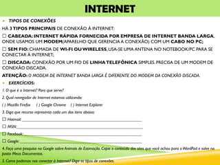 INTERNET
 TIPOS DE CONEXÕES
HÁ 3TIPOS PRINCIPAIS DE CONEXÃO À INTERNET:
CABEADA: INTERNET RÁPIDA FORNECIDA POR EMPRESA DE INTERNET BANDA LARGA,
ONDE USAMOS UM MODEM(APARELHO QUE GERENCIA A CONEXÃO) COM UM CABO NO PC;
SEM FIO: CHAMADA DE WI-FI OU WIRELESS,USA-SE UMA ANTENA NO NOTEBOOK/PC PARA SE
CONECTAR À INTERNET;
DISCADA: CONEXÃO POR UM FIO DE LINHATELEFÔNICA SIMPLES. PRECISA DE UM MODEM DE
CONEXÃO DISCADA.
ATENÇÃO: O MODEM DE INTERNET BANDA LARGA É DIFERENTE DO MODEM DA CONEXÃO DISCADA.
 EXERCÍCIOS:
1. O que é a Internet? Para que serve?
2. Qual navegador de Internet estamos utilizando:
( ) Mozilla Firefox ( ) Google Chrome ( ) Internet Explorer
3. Diga que recurso representa cada um dos itens abaixo:
Hotmail: ________________________________________________________
MSN:___________________________________________________________
Facebook: _______________________________________________________
Google: _________________________________________________________
4. Faça uma pesquisa no Google sobre Animais de Estimação. Copie o conteúdo dos sites que você achou para oWordPad e salve na
pasta Meus Documentos.
5. Como podemos nos conectar à Internet? Diga os tipos de conexões.
 