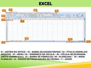 EXCEL
01 – BOTÃO DO OFFICE / 02 – BARRA DE ACESSO RÁPIDO / 03 –TÍTULO (NOME) DO
ARQUIVO 04 – MENU / 05 – ENDEREÇO DA CÉLULA / 06 – CÉLULA SELECIONADA
(NESTE EXEMPLO:A1) 07 – BARRA DE FÓRMULAS / 08 – PLANILHAS / 09 – NOVA
PLANILHA / 10 – MODOS DEVISUALIZAÇÃO DA PÁGINA / 11 – ZOOM
 