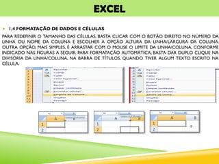 EXCEL
 1.4 FORMATAÇÃO DE DADOS E CÉLULAS
PARA REDEFINIR O TAMANHO DAS CÉLULAS, BASTA CLICAR COM O BOTÃO DIREITO NO NÚMERO DA
LINHA OU NOME DA COLUNA E ESCOLHER A OPÇÃO ALTURA DA LINHA/LARGURA DA COLUNA.
OUTRA OPÇÃO, MAIS SIMPLES, É ARRASTAR COM O MOUSE O LIMITE DA LINHA/COLUNA, CONFORME
INDICADO NAS FIGURAS A SEGUIR. PARA FORMATAÇÃO AUTOMÁTICA, BASTA DAR DUPLO CLIQUE NA
DIVISÓRIA DA LINHA/COLUNA, NA BARRA DE TÍTULOS, QUANDO TIVER ALGUM TEXTO ESCRITO NA
CÉLULA.
 