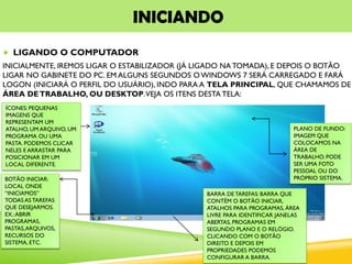 INICIANDO
 LIGANDO O COMPUTADOR
INICIALMENTE, IREMOS LIGAR O ESTABILIZADOR (JÁ LIGADO NA TOMADA), E DEPOIS O BOTÃO
LIGAR NO GABINETE DO PC. EM ALGUNS SEGUNDOS O WINDOWS 7 SERÁ CARREGADO E FARÁ
LOGON (INICIARÁ O PERFIL DO USUÁRIO), INDO PARA A TELA PRINCIPAL, QUE CHAMAMOS DE
ÁREA DETRABALHO, OU DESKTOP.VEJA OS ITENS DESTA TELA:
BOTÃO INICIAR:
LOCAL ONDE
“INICIAMOS”
TODAS AS TAREFAS
QUE DESEJARMOS.
EX.:ABRIR
PROGRAMAS,
PASTAS,ARQUIVOS,
RECURSOS DO
SISTEMA, ETC.
BARRA DETAREFAS: BARRA QUE
CONTÉM O BOTÃO INICIAR,
ATALHOS PARA PROGRAMAS, ÁREA
LIVRE PARA IDENTIFICAR JANELAS
ABERTAS, PROGRAMAS EM
SEGUNDO PLANO E O RELÓGIO.
CLICANDO COM O BOTÃO
DIREITO E DEPOIS EM
PROPRIEDADES PODEMOS
CONFIGURAR A BARRA.
ÍCONES: PEQUENAS
IMAGENS QUE
REPRESENTAM UM
ATALHO, UM ARQUIVO, UM
PROGRAMA OU UMA
PASTA. PODEMOS CLICAR
NELES E ARRASTAR PARA
POSICIONAR EM UM
LOCAL DIFERENTE.
PLANO DE FUNDO:
IMAGEM QUE
COLOCAMOS NA
ÁREA DE
TRABALHO. PODE
SER UMA FOTO
PESSOAL OU DO
PRÓPRIO SISTEMA.
 