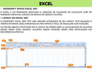 EXCEL
 MICROSOFT OFFICE EXCEL 2007
O EXCEL É UM PROGRAMA DEDICADO A CRIAÇÃO DE PLANILHAS DE CÁLCULOS, ALÉM DE
FORNECER GRÁFICOS, FUNÇÃO DE BANCO DE DADOS E OUTROS.
1. LAYOUT DO EXCEL 2007
O MICROSOFT EXCEL 2007 TEVE UMA GRANDE ALTERAÇÃO DE SEU LAYOUT COM RELAÇÃO À
VERSÃO ANTERIOR (2003),TORNANDO-SE MAIS SIMPLES E FÁCIL DEVISUALIZAR SUAS FUNÇÕES.
NA FIGURA ABAIXO, VOCÊ PODE VER O LAYOUT DA VERSÃO 2007 E A LOCALIZAÇÃO DE ALGUMAS
DESSAS ÁREAS (MAIS USADAS!). ALGUMAS DESSAS FUNÇÕES SERÃO MAIS DETALHADAS NO
DECORRER DA APOSTILA.
 