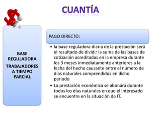 PAGO DIRECTO:

               • la base reguladora diaria de la prestación será
   BASE          el resultado de dividir la suma de las bases de
REGULADORA       cotización acreditadas en la empresa durante
                 los 3 meses inmediatamente anteriores a la
TRABAJADORES     fecha del hecho causante entre el número de
  A TIEMPO       días naturales comprendidos en dicho
   PARCIAL       periodo
               • La prestación económica se abonará durante
                 todos los días naturales en que el interesado
                 se encuentre en la situación de IT.
 